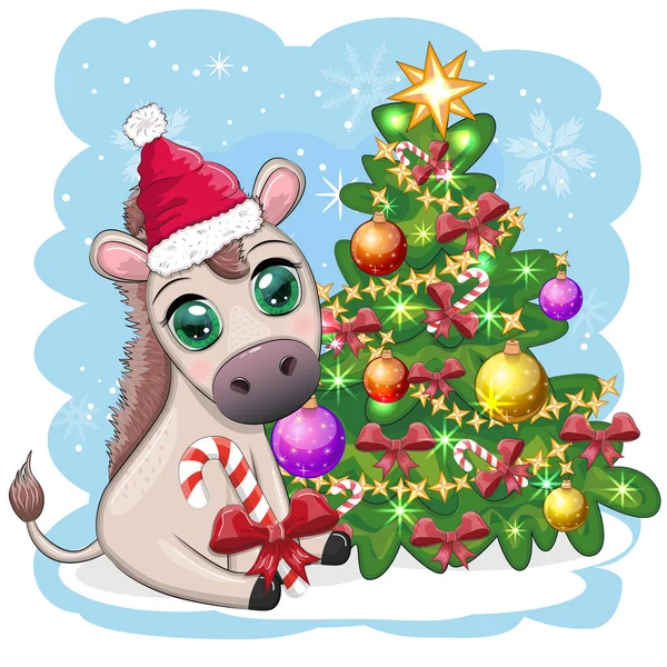 サンタの帽子のかわいいロバは クリスマスツリーの近くに風船 贈り物 キャンディーケーンを持っています クリスマスと新年のためのポストカード — ストックベクタ