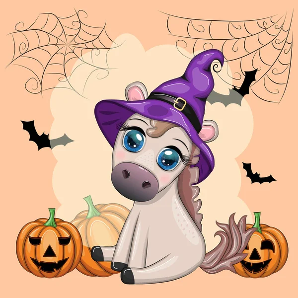 Tarjeta Halloween Para Las Vacaciones Lindo Caballo Pony Sombrero Bruja — Vector de stock