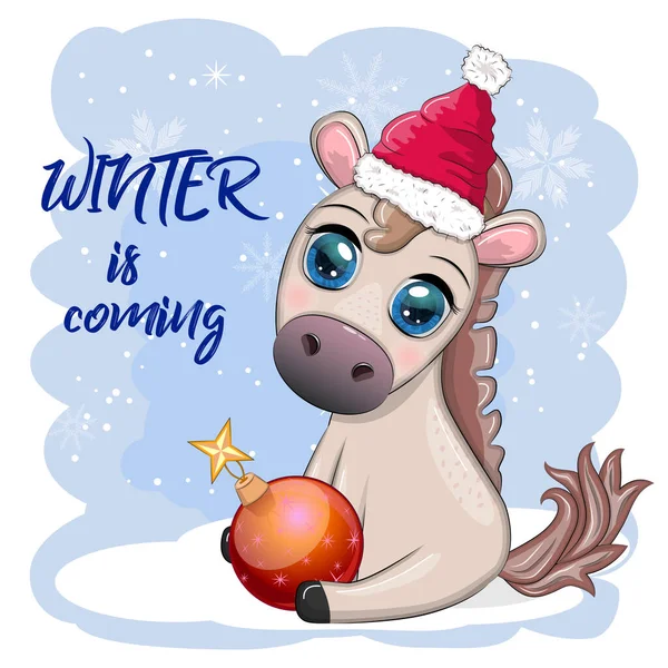 stock vector Cute horse, pony in Santa's hat with candy kane, Christmas ball, gift, ice skating. Winter is coming, Christmas postcard