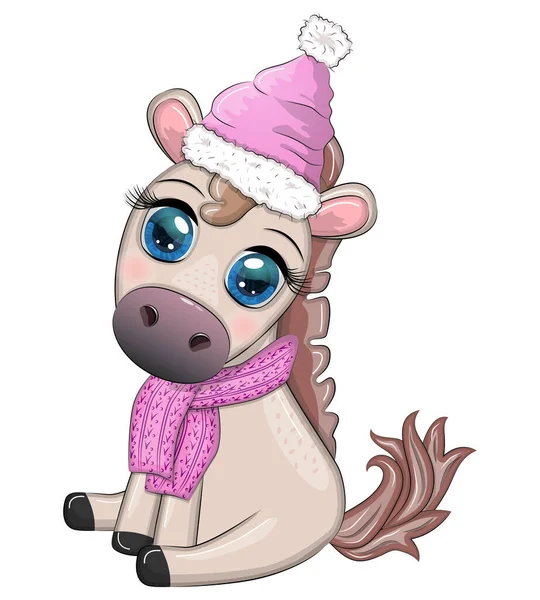 Lindo Caballo Pony Sombrero Santa Con Dulces Kane Bola Navidad — Vector de stock