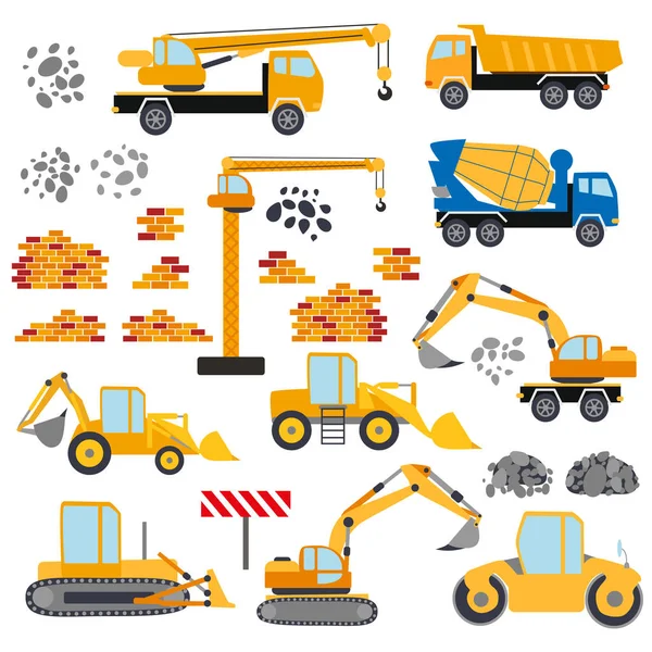 Conjunto Equipamentos Construção Máquinas Especiais Para Trabalhos Construção Empilhadeiras Betoneira —  Vetores de Stock