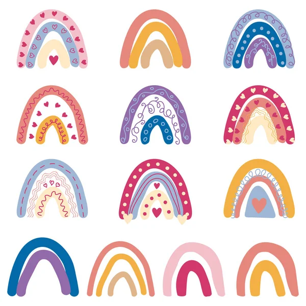 Arco Íris Boho Desenhado Mão Conjunto Bonito Estilo Escandinavo Pastel —  Vetores de Stock