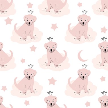 Şirin köpek yavrusu, bulutlar, yıldızlar, taç, kelebekler kusursuz desen Yeni doğanlar için yumuşak renkler