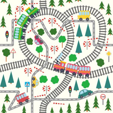 Şehrin detaylı çocuk haritası var. Arabalar, otobüsler ve trenler, evler ve yollar, nehir, orman ve şehir kusursuz çocuksu şablonlar.