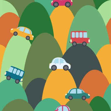 Güzel arabalar, tepeler, kusursuz bebek desenleri. Kumaş, tekstil, ambalaj kağıdı, giysi, kreş için çocuksu baskılar.