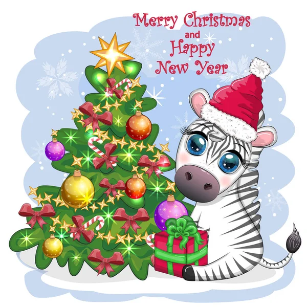 stock vector Merry Christmas and Happy New Year greeting card with cute zebra in santa hat with christmas ball, candy kane, gift. Wildlife holidays cartoon character.