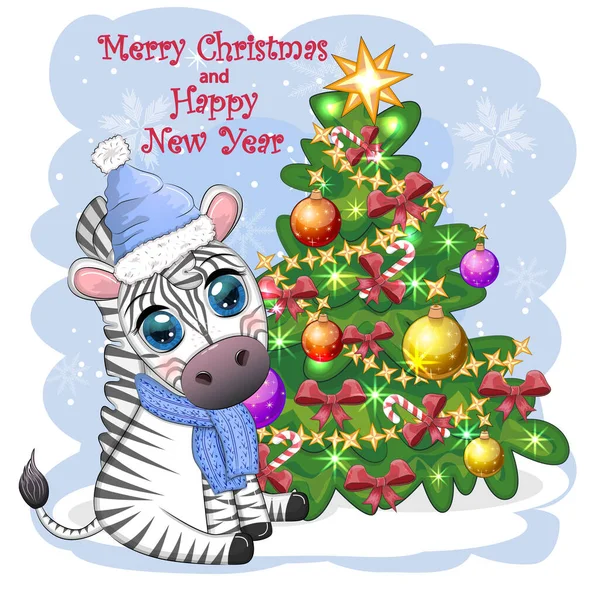 圣诞快乐 新年快乐 贺卡上有可爱的斑马 头戴圣诞礼帽 还有圣诞舞会 糖果和礼物 野生动物假日卡通人物 — 图库矢量图片