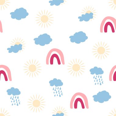 Gökkuşağı renklerinde pürüzsüz desen. İskandinav bebek eli çizimi yeni doğan kıyafetleri için mükemmel.