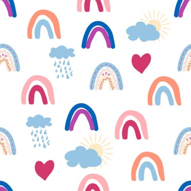 Gökkuşağı renklerinde pürüzsüz desen. İskandinav bebek eli çizimi yeni doğan kıyafetleri için mükemmel.