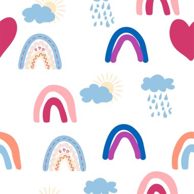 Gökkuşağı renklerinde pürüzsüz desen. İskandinav bebek eli çizimi yeni doğan kıyafetleri için mükemmel.