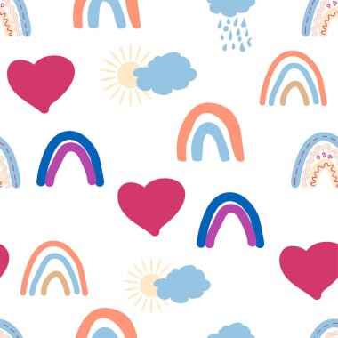 Gökkuşağı renklerinde pürüzsüz desen. İskandinav bebek eli çizimi yeni doğan kıyafetleri için mükemmel.