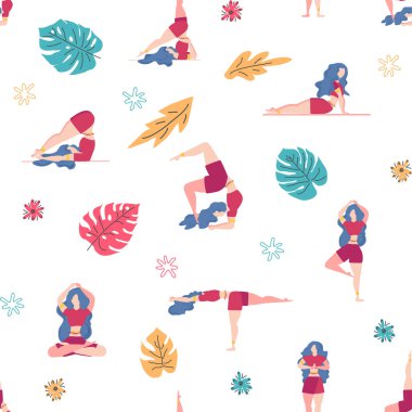 Yoga desensiz kadın nişanlı. Yoga pozları, nilüfer, canavar, yapraklar, desenli süsler, harfler. Zihin ve beden sağlığı