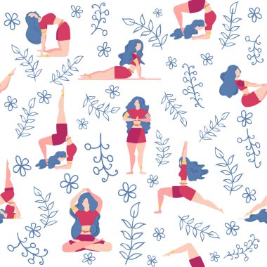 Yoga desensiz kadın nişanlı. Yoga pozları, nilüfer, canavar, yapraklar, desenli süsler, harfler. Zihin ve beden sağlığı