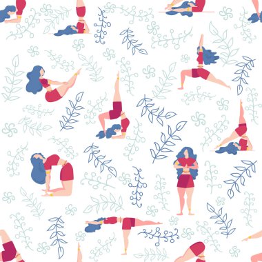 Yoga desensiz kadın nişanlı. Yoga pozları, nilüfer, canavar, yapraklar, desenli süsler, harfler. Zihin ve beden sağlığı