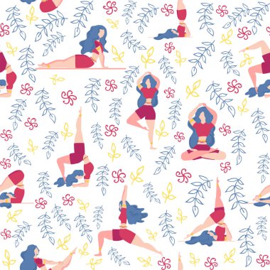 Yoga desensiz kadın nişanlı. Yoga pozları, nilüfer, canavar, yapraklar, desenli süsler, harfler. Zihin ve beden sağlığı