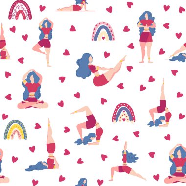 Yoga desensiz kadın nişanlı. Yoga pozları, nilüfer, canavar, yapraklar, desenli süsler, harfler. Zihin ve beden sağlığı