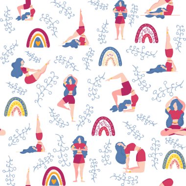 Yoga desensiz kadın nişanlı. Yoga pozları, nilüfer, canavar, yapraklar, desenli süsler, harfler. Zihin ve beden sağlığı