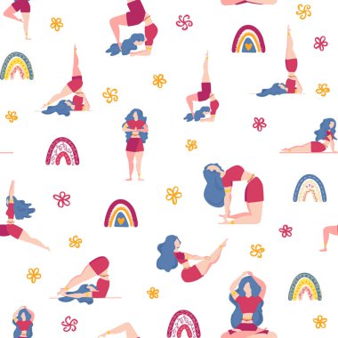 Yoga desensiz kadın nişanlı. Yoga pozları, nilüfer, canavar, yapraklar, desenli süsler, harfler. Zihin ve beden sağlığı