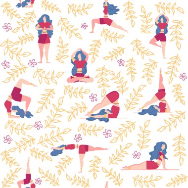 Yoga desensiz kadın nişanlı. Yoga pozları, nilüfer, canavar, yapraklar, desenli süsler, harfler. Zihin ve beden sağlığı