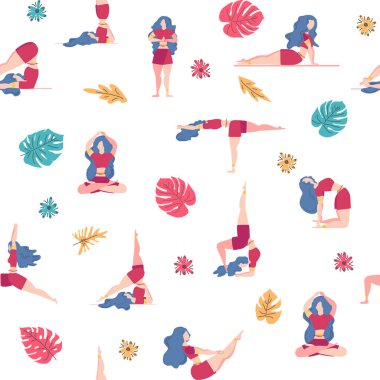 Yoga desensiz kadın nişanlı. Yoga pozları, nilüfer, canavar, yapraklar, desenli süsler, harfler. Zihin ve beden sağlığı