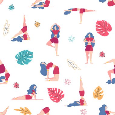 Yoga desensiz kadın nişanlı. Yoga pozları, nilüfer, canavar, yapraklar, desenli süsler, harfler. Zihin ve beden sağlığı