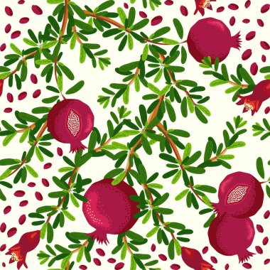 Nar dalları, meyveler ve çiçeklerle kusursuz desenler. Parlak yapraklar ve meyveler, tohumlar ve loblar. Shana Tova kusursuz desen. Rosh Hashanah ile Yahudi Yeni Yılı, Yalda