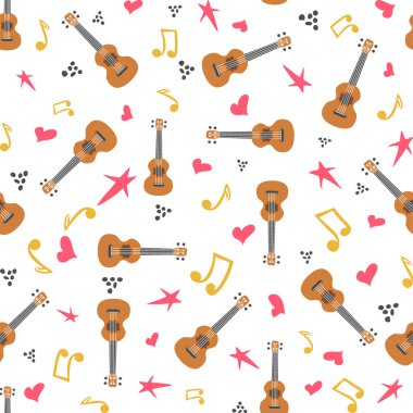 Ukulele pürüzsüz desen, ukulele. Canavarlı desen, yapraklar, çiçek notları.