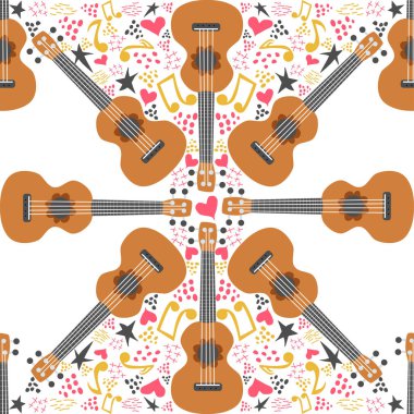 Ukulele pürüzsüz desen, ukulele. Canavarlı desen, yapraklar, çiçek notları.