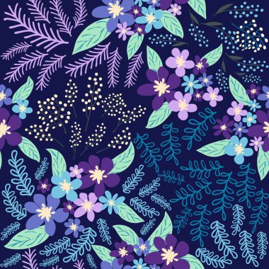 Mavi, gök mavisi, tsman, lavanta çiçekleri ve yaprakları olan kusursuz bir çiçek deseni. Moda baskıları için zarif bir şablon