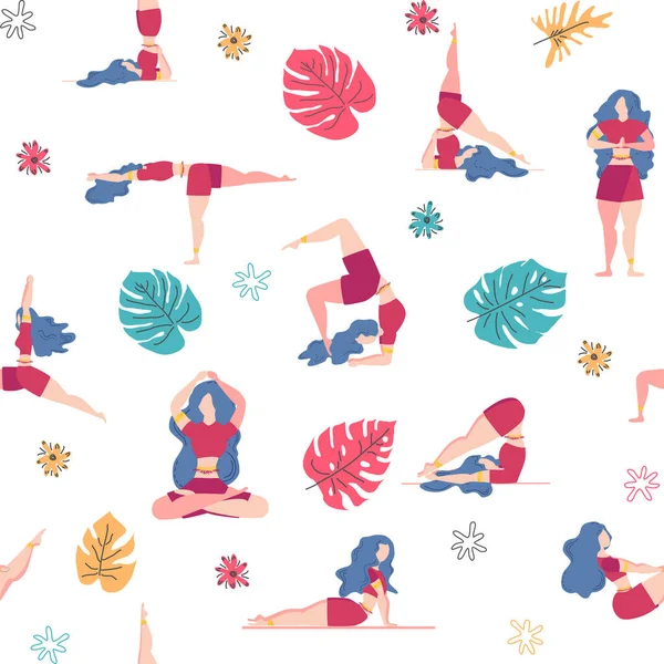 Yoga desensiz kadın nişanlı. Yoga pozları, nilüfer, canavar, yapraklar, desenli süsler, harfler. Zihin ve beden sağlığı