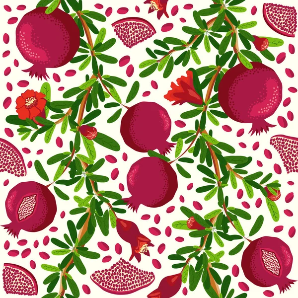 Granátová Jablka Ovocem Květinami Bezešvé Vzory Jasné Listy Plody Semena — Stockový vektor