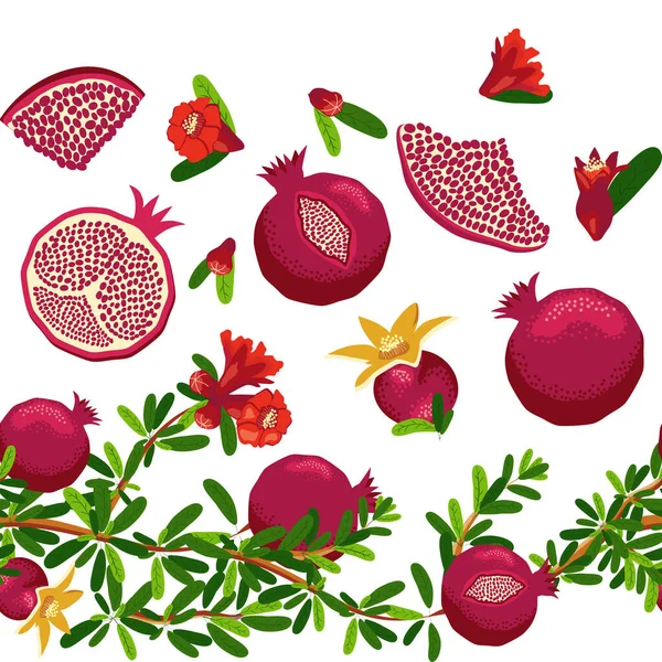 Rami Melograno Con Frutti Fiori Modello Senza Cuciture Foglie Frutti — Vettoriale Stock