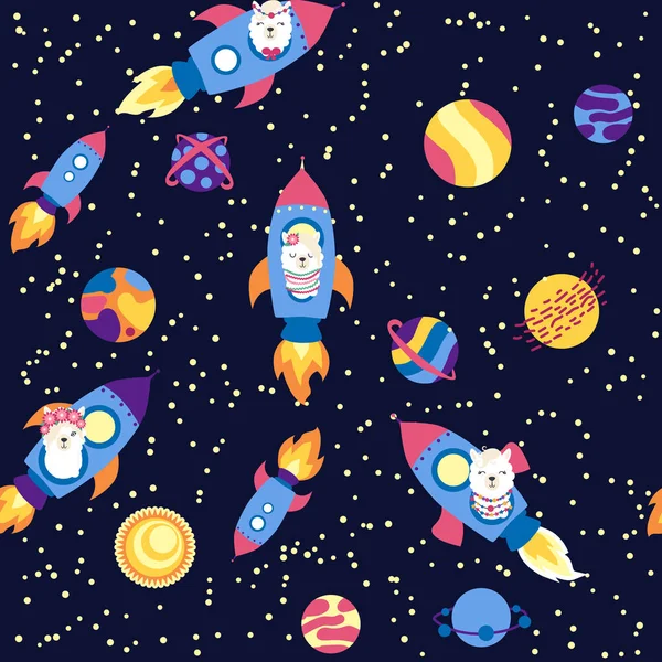 stock vector Seamless pattern with lama in a rocket, in space. Lama travels, adventures among the stars. Cute pattern with alpaca in the sky.