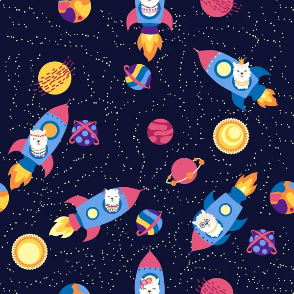 ロケットでラマとシームレスなパターンは 空間です ラマ旅行 星の間で冒険 空にアルパカとかわいいパターン — ストックベクタ