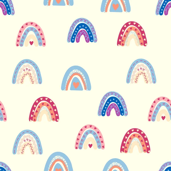 stock vector Seamless pattern graceful rainbows in boho colors. Scandinavian baby hand style for newborns