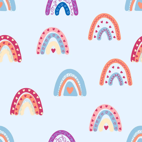 Stock vector Seamless pattern graceful rainbows in boho colors. Scandinavian baby hand style for newborns