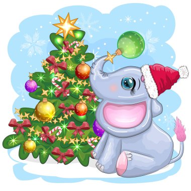 Sevimli çizgi film fili, Noel Baba şapkalı çocuksu karakter hediye, Noel balosu ya da Noel ağacının yanında şeker kamışı. Yeni Yıl