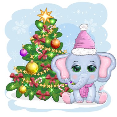 Sevimli çizgi film fili, Noel Baba şapkalı çocuksu karakter hediye, Noel balosu ya da Noel ağacının yanında şeker kamışı. Yeni Yıl