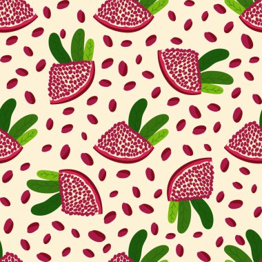Nar aromalı, dikişsiz desen. Parlak yapraklar ve meyveler, tohumlar ve loblar. Shana Tova kusursuz desen. Yahudi Yeni Yılı Mutlu Rosh Hashanah, Yalda