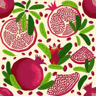 Nar aromalı, dikişsiz desen. Parlak yapraklar ve meyveler, tohumlar ve loblar. Shana Tova kusursuz desen. Yahudi Yeni Yılı Mutlu Rosh Hashanah, Yalda