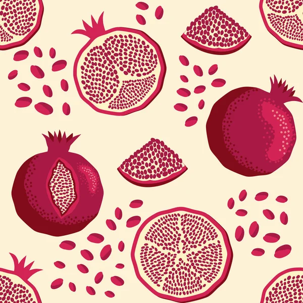 Nahtloses Muster Aus Granatapfelfrüchten Helle Blätter Und Früchte Samen Und — Stockvektor