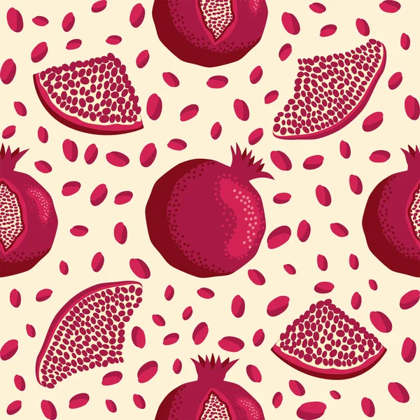 Granada Fruta Patrón Sin Costura Hojas Brillantes Frutos Semillas Lóbulos — Vector de stock