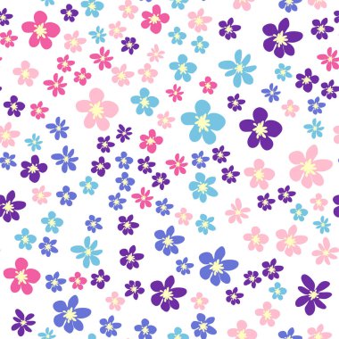 Pembe, lavantalı, mavi, mor papatya çiçekli ve yapraklı kusursuz çayır deseni. Çocuksu, kadınsı, nazik