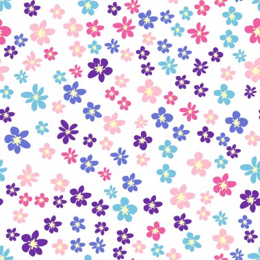 Pembe, lavantalı, mavi, mor papatya çiçekli ve yapraklı kusursuz çayır deseni. Çocuksu, kadınsı, nazik