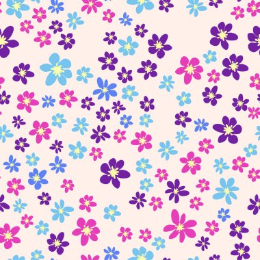 Pembe, lavantalı, mavi, mor papatya çiçekli ve yapraklı kusursuz çayır deseni. Çocuksu, kadınsı, nazik