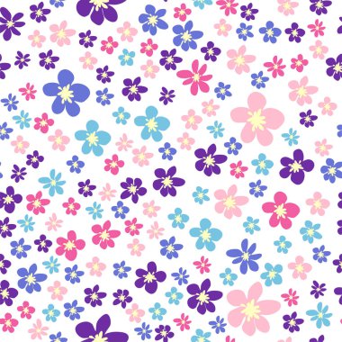 Pembe, lavantalı, mavi, mor papatya çiçekli ve yapraklı kusursuz çayır deseni. Çocuksu, kadınsı, nazik