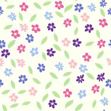 Pembe, lavantalı, mavi, mor papatya çiçekli ve yapraklı kusursuz çayır deseni. Çocuksu, kadınsı, nazik