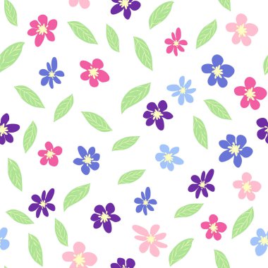 Pembe, lavantalı, mavi, mor papatya çiçekli ve yapraklı kusursuz çayır deseni. Çocuksu, kadınsı, nazik