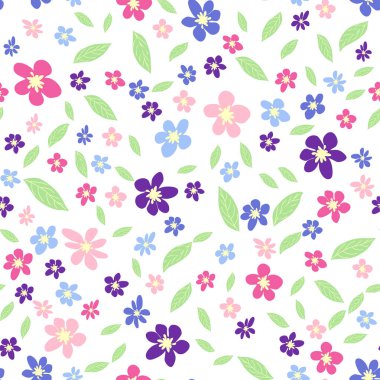 Pembe, lavantalı, mavi, mor papatya çiçekli ve yapraklı kusursuz çayır deseni. Çocuksu, kadınsı, nazik