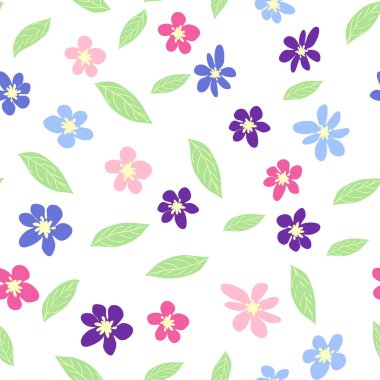 Pembe, lavantalı, mavi, mor papatya çiçekli ve yapraklı kusursuz çayır deseni. Çocuksu, kadınsı, nazik